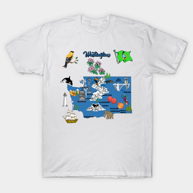 tourism map of Washington state, USA, major cities, flag, landmarks T-Shirt by Mashmosh